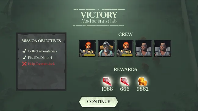 Victory screen - later iteration with framed crew portraits