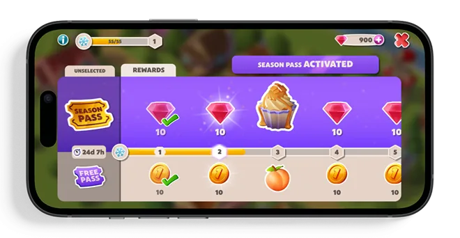 Event Pass screen with free and premium reward tracks