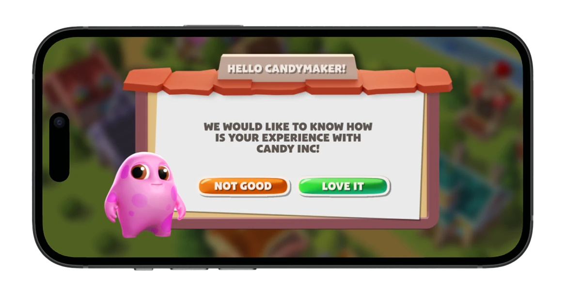 App rating dialog with the pink candymaker character, shown in a phone frame