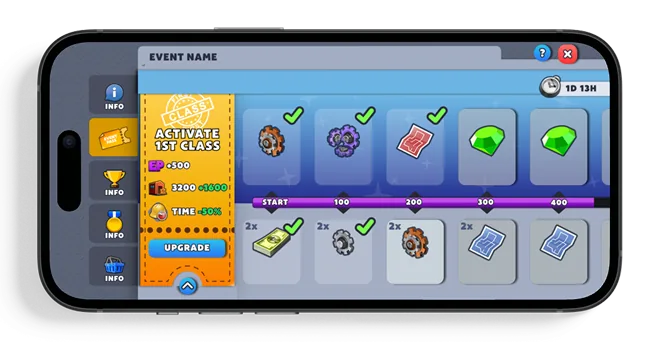 The gold 1st Class ticket revealed in the Event Pass header