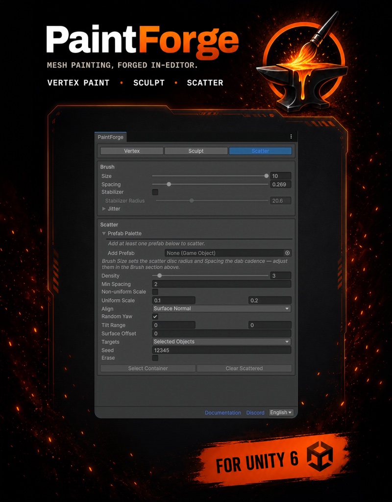 The PaintForge window on the Scatter tab: prefab palette, density, minimum spacing, scale range, align to surface normal, random yaw, surface offset and the placement seed