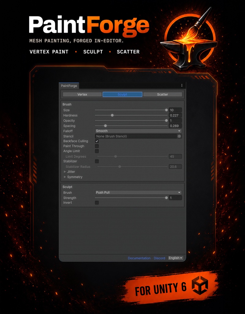 The PaintForge window on the Sculpt tab: the shared brush settings above, with the sculpt brush set to Push Pull and its strength below