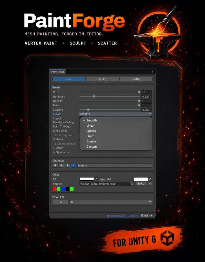 The PaintForge window on the Vertex tab: brush size, hardness, opacity, flow and spacing, the falloff list open, RGBA channel buttons, colour palette and flood fill