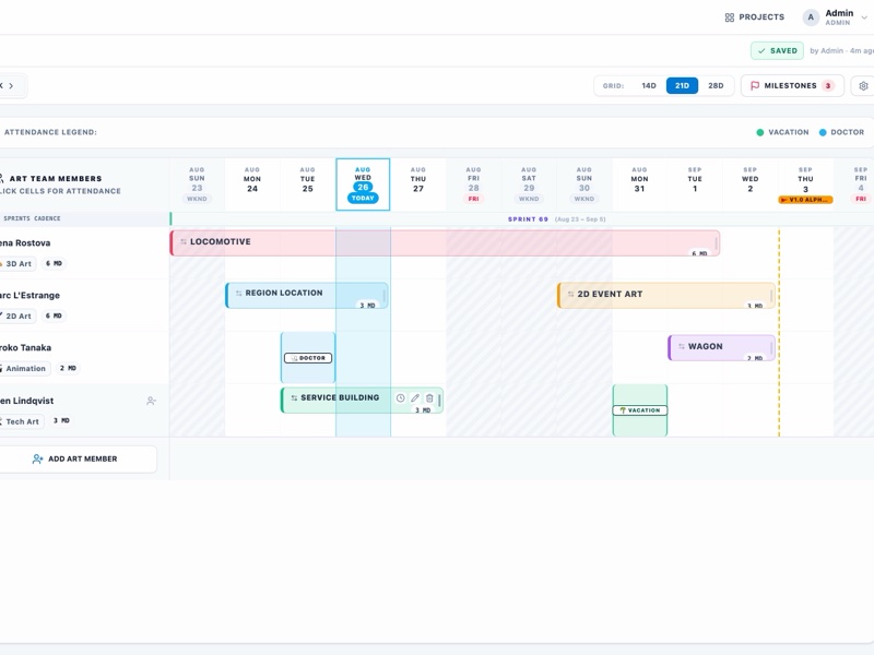 Art Planner - a swimlane board with team members as rows and coloured task bars across the days