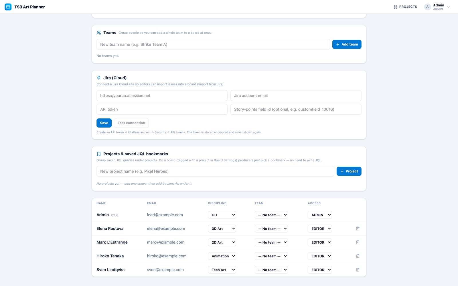 The admin's people page: accounts with their discipline and access role