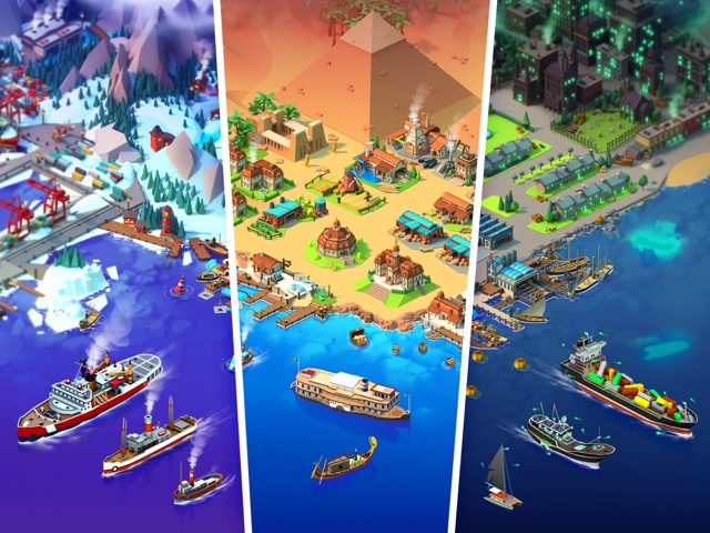 Seaport - three port scenes: an arctic harbour, a desert port and an autumn dockside