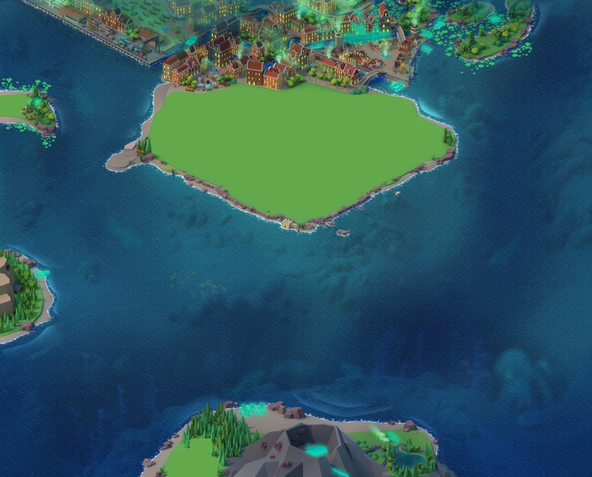 The Seaport home port dressed for Halloween: the same harbour town and islands under a green night sky