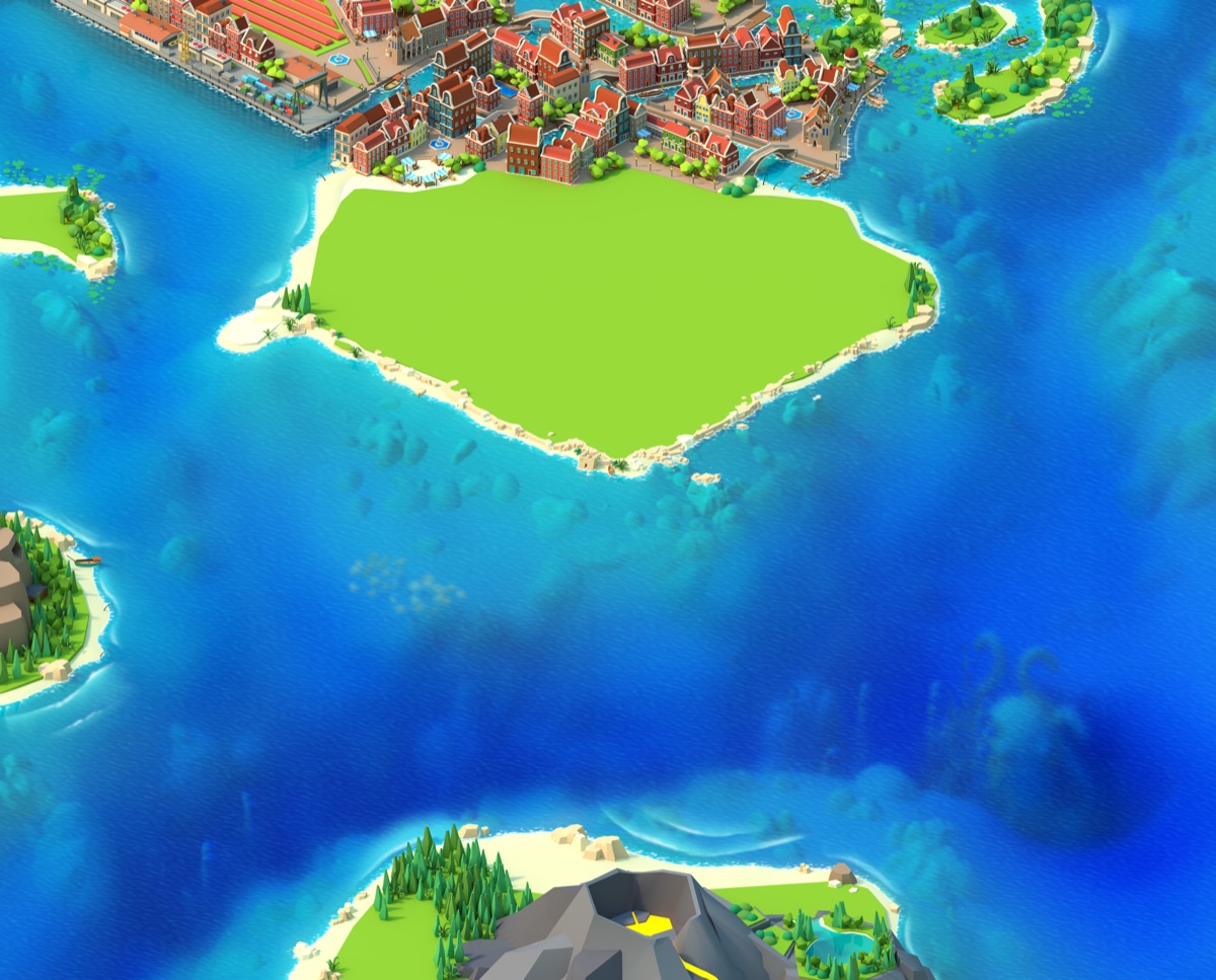 The Seaport home port in its default theme: harbour town, islands and open water