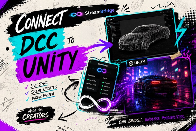 StreamBridge — a model synced live from a DCC tool into Unity across two monitors