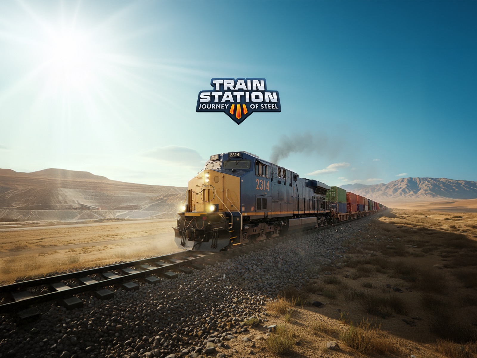 TrainStation 3: Journey of Steel — preloader key art, a freight locomotive crossing desert plains