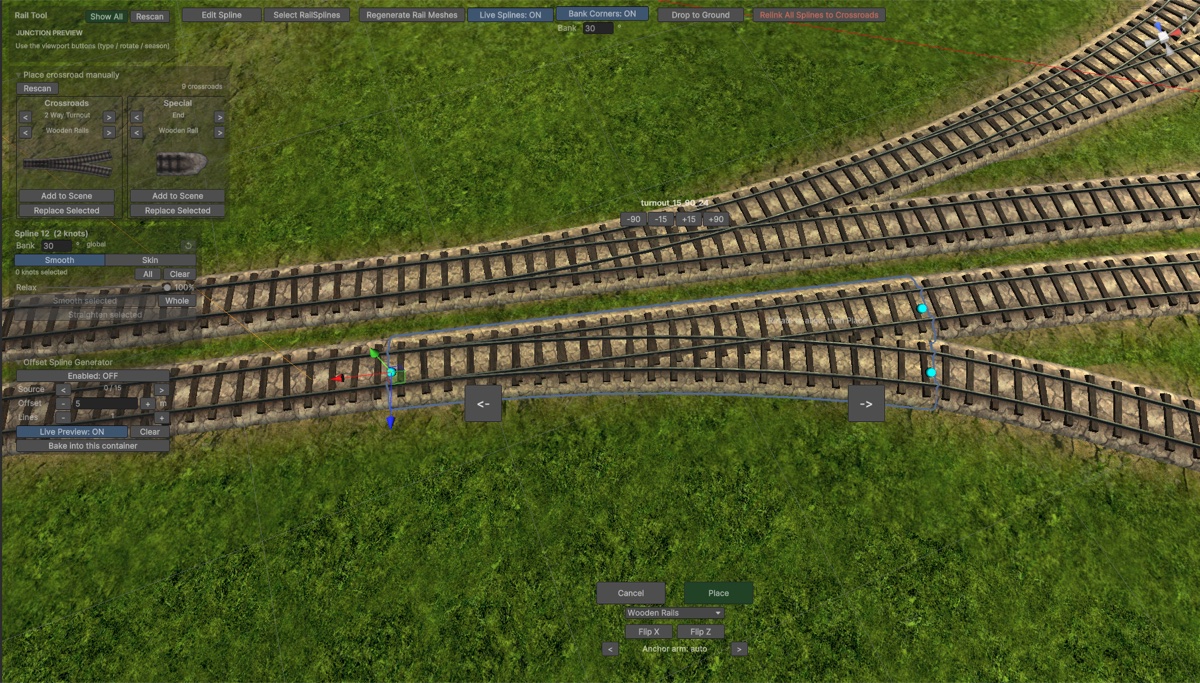 Junction preview in the Unity editor: a turnout piece positioned where two tracks meet, with rotate, flip and place controls