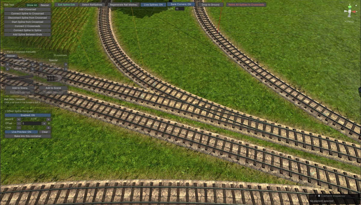 Spline edit mode in the Unity editor: several parallel tracks running across a field, with the Offset Spline Generator panel on the left