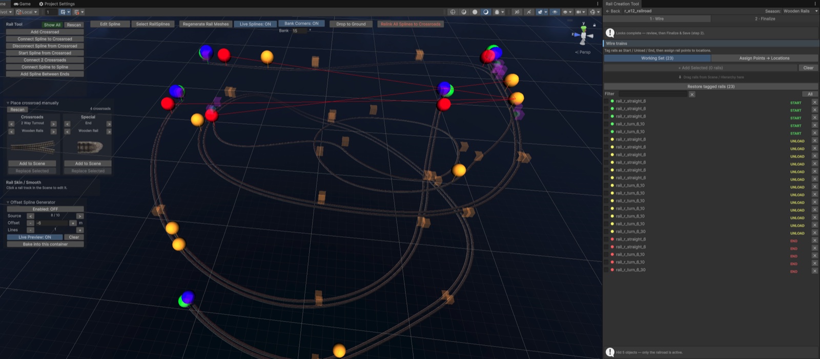 The Rail Creation Tool open in the Unity editor: spline tools on the left, a track network laid out in the scene view, and the train-wiring list on the right