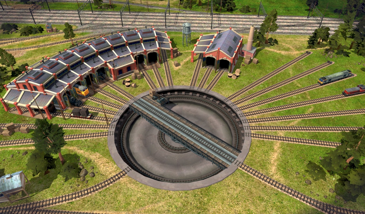 TrainStation 3 — roundhouse and turntable with radiating tracks